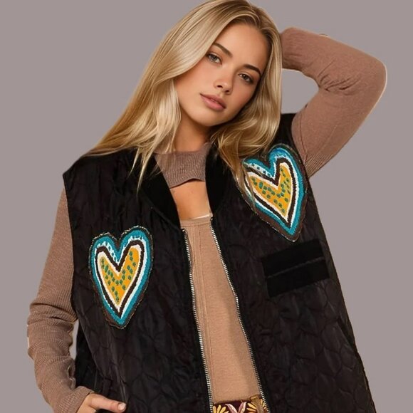 POL Clothing Whimsical Light Quilted Vest Black with Heart Patches S/M & M/L NWT - Picture 3 of 5